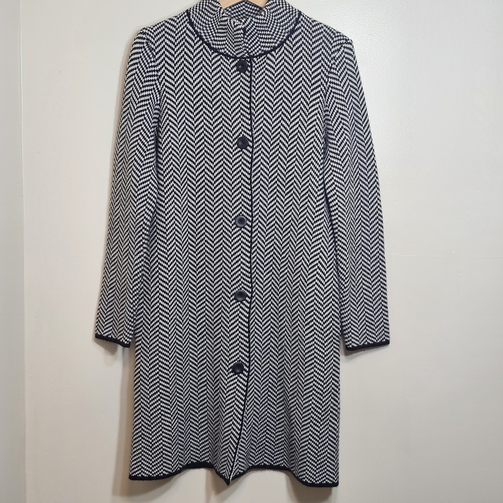Gio & Gio Italy Black White Chevron Herringbone Knit Long Coat Cardigan Jacket L - Picture 2 of 15